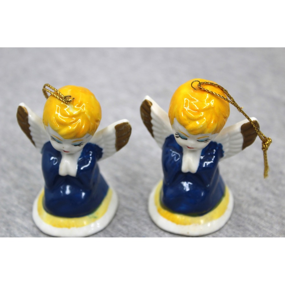 Christmas Holiday Ornament Blue Ceramic Praying Angel Vintage Set of 2 Decor